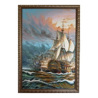 Original Oil Painting Tall Ship at Sea Framed Maritime Seascape For Sale
