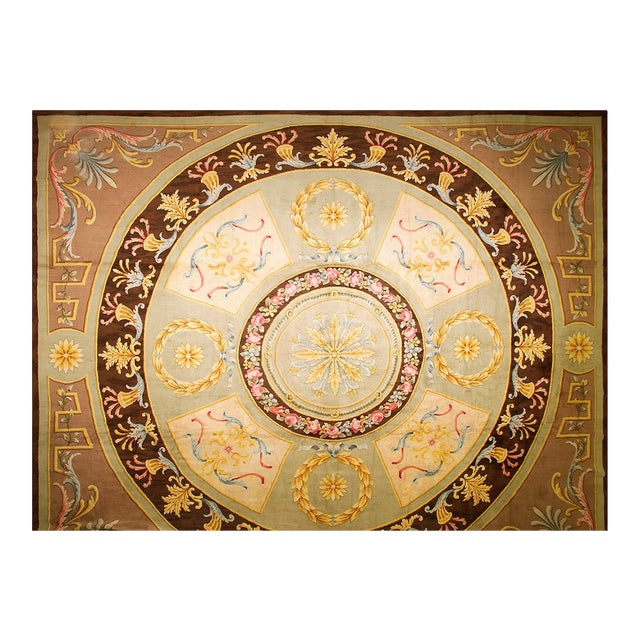 1820s Green Large-Scale Medallion Flatwoven Formal Neoclassical French Savonnerie Rug For Sale