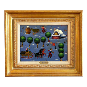 Ljubomir MilinkovFolk Art Naive Oil Painting Ljubomir Milinkov Whimsical Pastoral Farm Landscape
