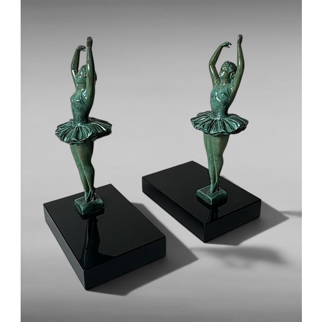 Art Deco Art Deco French Pair of Dancer Bookends in Spelter and Black Marquina Marble For Sale - Image 3 of 18