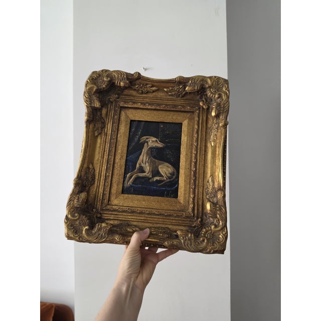 Late 20th Century Original Greyhound Oil Painting, Hand Painted Whippet Portrait, Vintage Gilded Frame, Dog Lover Wall Art, One of a Kind Artwork For Sale - Image 9 of 14