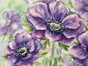 Contemporary Anemone Floral Still Life Watercolor Painting by Elena Shapiro