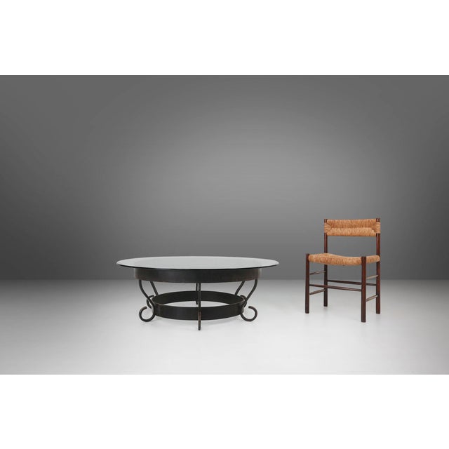 1930s Rustic Round Coffee Table with Wrought Iron Base and Glass Top, France, 1930s For Sale - Image 5 of 12