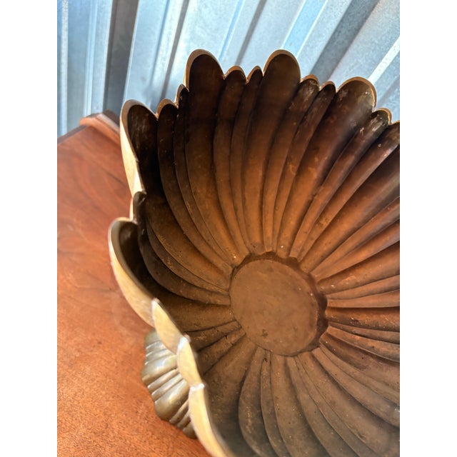 Large Vintage Scalloped Ribbed Brass Pedestal Compote Bowl For Sale - Image 9 of 11