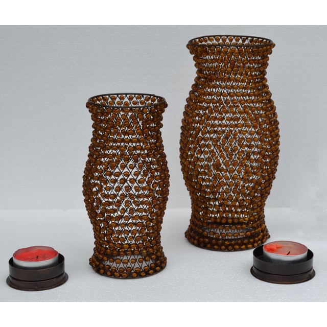 Metal Set 2 Vintage Decorative Amber Gemstone Beaded Lattice Hourglass Shaped Candle Holders For Sale - Image 7 of 15