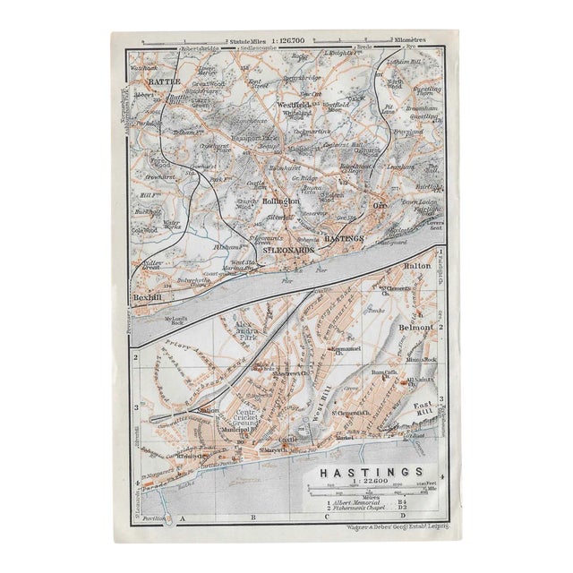 1910 Antique Map of Hastings England For Sale