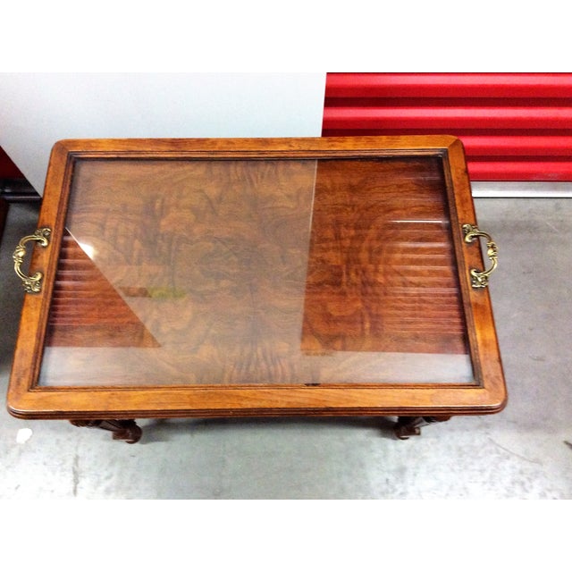 Antique Mahogany Side Table & Glass Serving Tray | Chairish