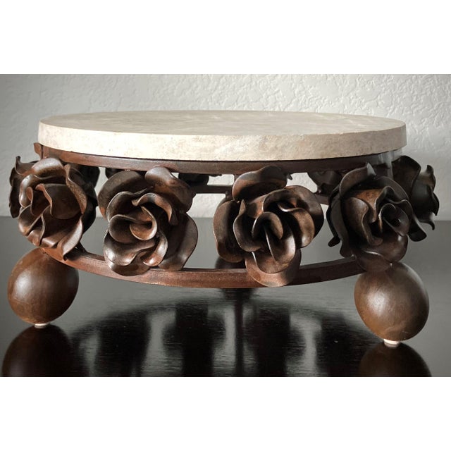 Excellent Pre-Owned Condition. Utterly chic hand-forged iron and travertine circular two-piece dessert stand in the manner...