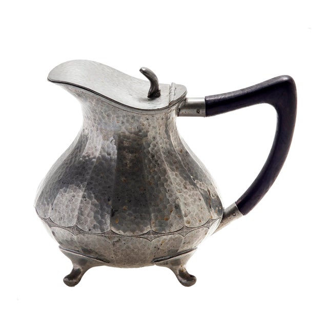 1940s English Pewter Hammered Creamer/Celluloid Handle. For Sale