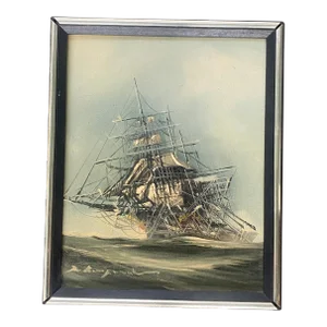 Mid Century Nautical Ship Oil on Canvas