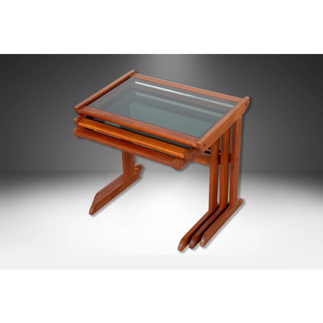 Brown 1970s Danish Mid Century Teak Glass Top Nesting Tables - Set of 3 For Sale - Image 8 of 11