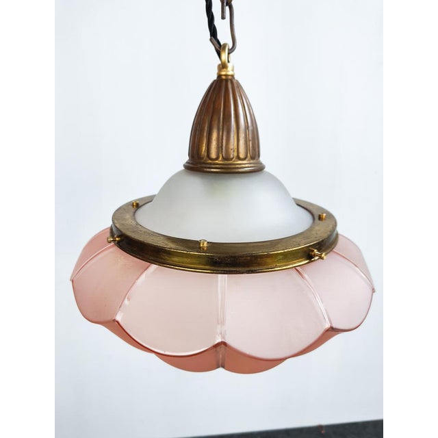 Etched and Pink Glass and Brass Pendant Light For Sale - Image 6 of 7