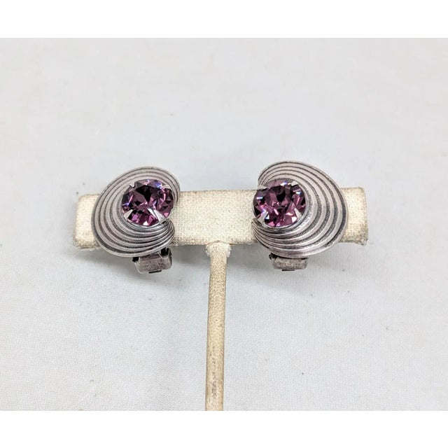 1950s Vintage 1950s Signed Napier Modernist Silvertone Faux-Amethyst Clip Earrings-2 Pieces For Sale - Image 5 of 7