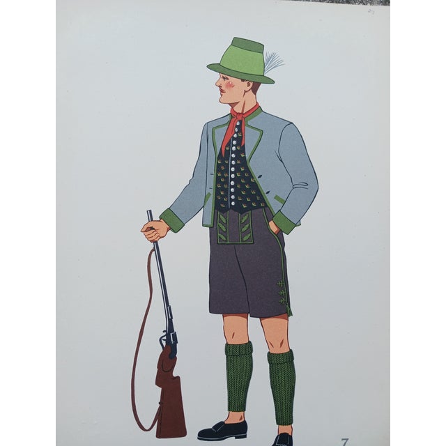 Vintage Austrian Male Folk Costumes Chromolithographs Porchoir Prints Collectible 1939 - Set of 3 For Sale - Image 4 of 7