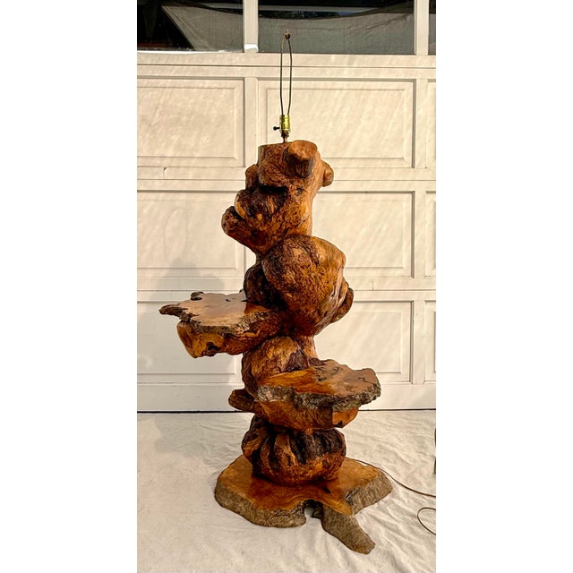Here is a truly one-of-a-kind sculptural burl wood floor lamp featuring dramatic natural grain movement and two integrated...