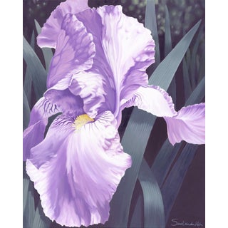 Iris II by Sarah van der Helm | Oil Painting of a purple iris flower For Sale
