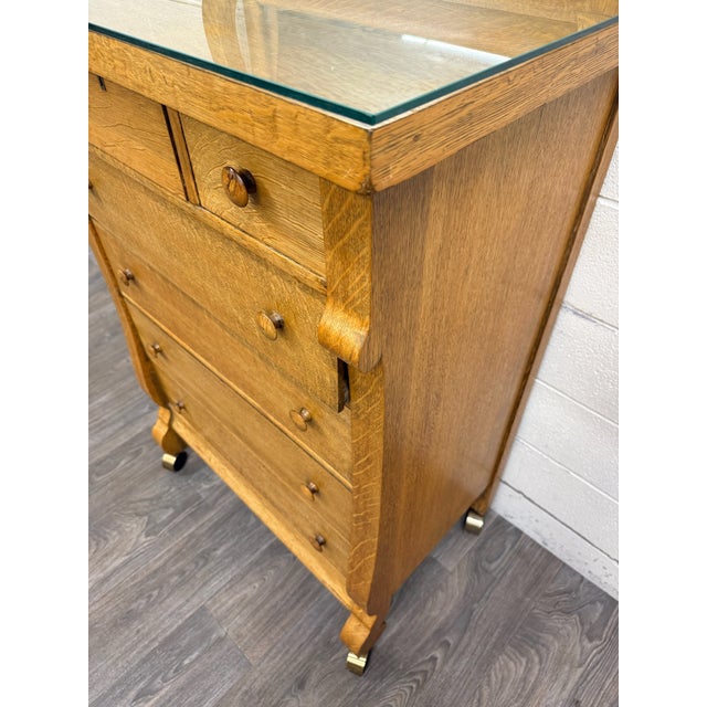 Antique American Empire Revival Oak Highboy Dresser Chest of Drawers With Mirror For Sale - Image 10 of 18