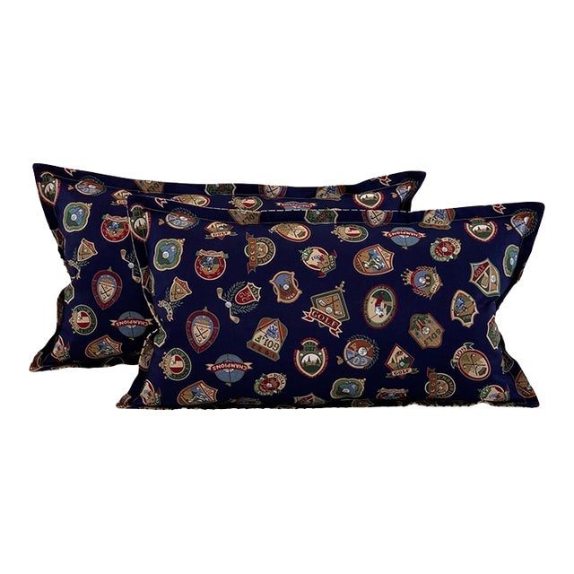 Designer Vicki Payne Free Spirit Printworks Blue Burgundy Green Tan Country Club Golf Crest Emblem Medallion Pillow Covers- Pair For Sale