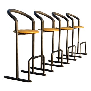 Set of Five 1980s Amisco Postmodern Tubular Steel and Yellow Leather Barstools For Sale