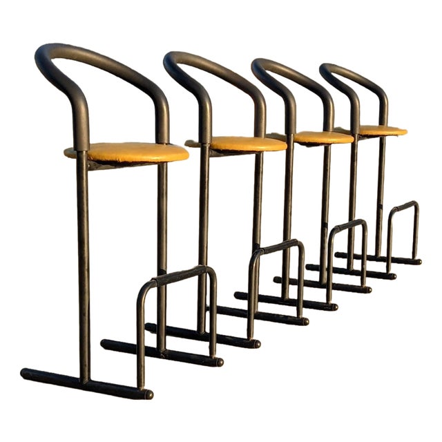 Set of Five 1980s Amisco Postmodern Tubular Steel and Yellow Leather Barstools For Sale