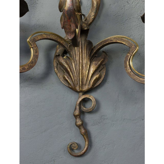 Pair of French Gilt Wrought Iron Three-Arm Wall Sconces, Louis XV Style, 1920s For Sale In New York - Image 6 of 9