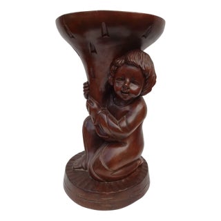 Carved Wooden Plant Stand in Teak, 1970s For Sale