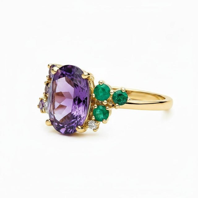 Purple amethyst multicolor ring in 14k gold. Amethyst oval cabochon ring. Purple gemstone cocktail ring. Metal: 14k gold...