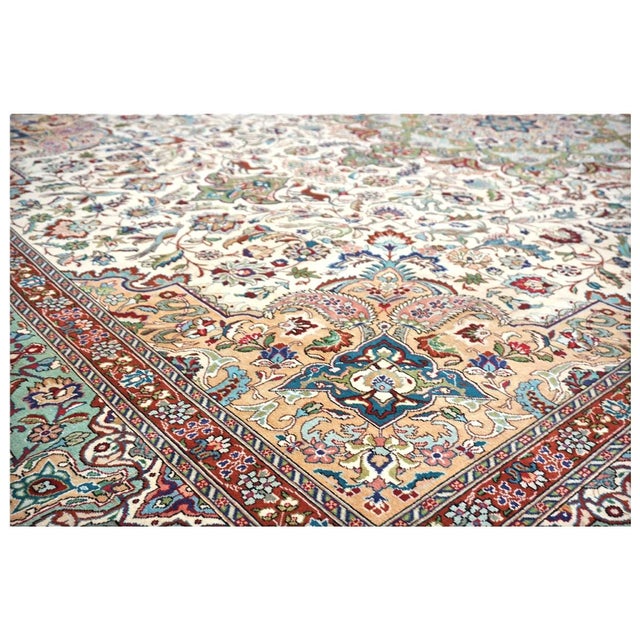 Antique Persian Tabriz Wool & Cotton 10X13 Ivory, Peach, Red & Teal Handmade Area Rug #1140364 For Sale - Image 9 of 9