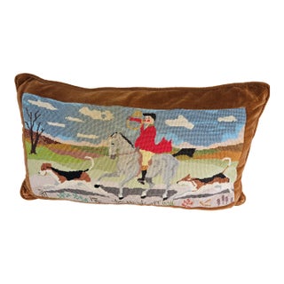 Vintage Hand Done Needlepoint Pillow With Fox Hunting Scene Tally Ho! For Sale