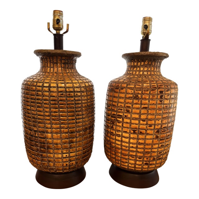 1960s Mid-Century Modern Pair Marcello Fantoni Brutalist Mosaic Ceramic Table Lamps For Sale