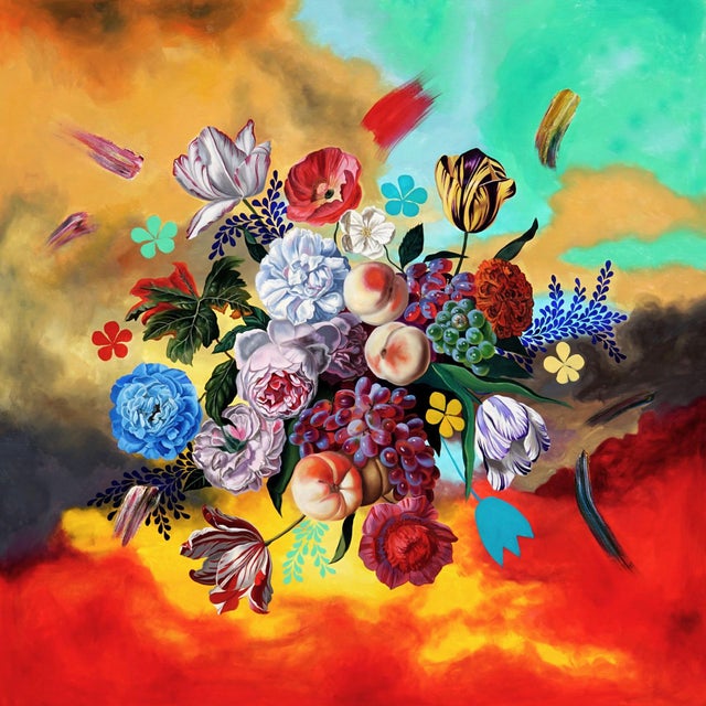 Flowers Turning in the Sky by Robin Hextrum | Oil on Panel Floral arrangement against a colorful background For Sale