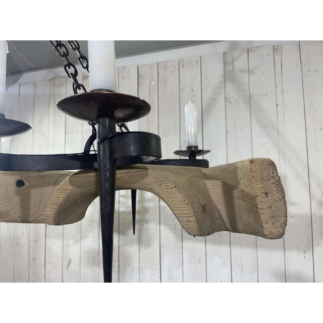 Oak and Wrought Iron Chandelier, 1950s For Sale - Image 11 of 17