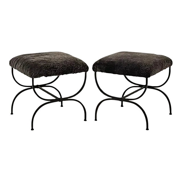 Pair of Grey Fur 'Strapontin' Stools by Design Frères For Sale