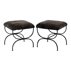 Pair of Grey Fur 'Strapontin' Stools by Design Frères
