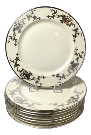 Set of Eight Bavarian Chinoiserie Silver Overlay Service Dinner Plates