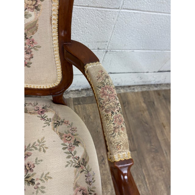 Cream Vintage French Louis XV Regency Style Carved Needlepoint Upholstered Armchair For Sale - Image 8 of 12