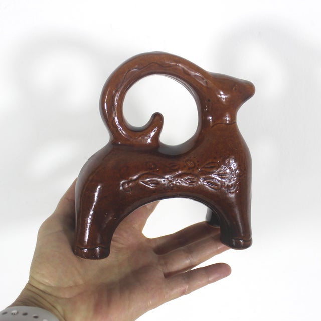 Mid Century Modern Ceramic Ram or Goat Pottery, Small Animal Figurine Vintage Sculpture Bitossi Style Rust Brown For Sale - Image 9 of 9