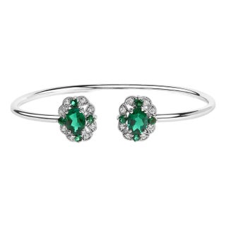 Sterling Silver White Topaz and Green Emerald Floral Bangle Bracelet For Sale