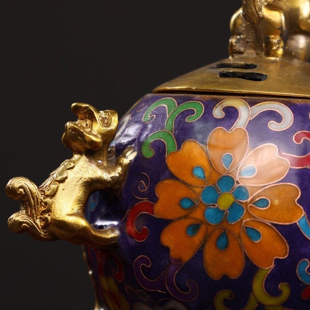 Metal Late 19th Century Cloisonné Enamel Tripod Censer With Foo Dog Finial, 790g For Sale - Image 7 of 9