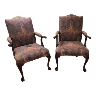 Mid 20th Century Pair of Statesville Chippendale Arm Chairs Equestrian Fox Hunters Tapestry Claw & Ball Feet For Sale