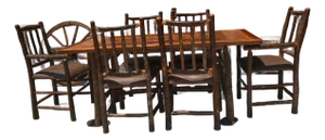 1980s Americana West Log Furniture / Wood Dining Table & 6 Brown Leatherette Chairs Set Rustic Cabin - Set of 7