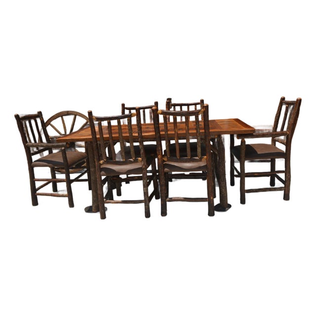Vintage Americana West Log Wood Dining Table & 6 Brown Leatherette Chairs Furniture Set Rustic / Cabin - Set of 7 For Sale