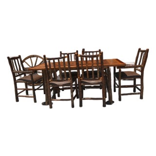Vintage Americana West Log Wood Farmhouse Dining Table & 6 Brown Leatherette Chairs Set Rustic / Cabin - Set of 7 For Sale