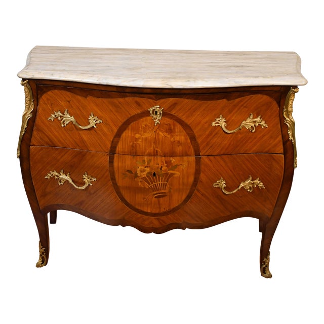 1910 Antique French Louis XV Satinwood Inlaid & Marble Top Commode / Dresser For Sale