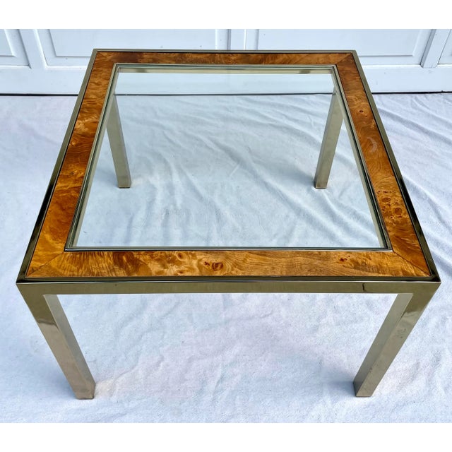 Mid-Century Modern 1960's Brass, Burl-Wood and Glass Parsons Side Table For Sale - Image 3 of 13