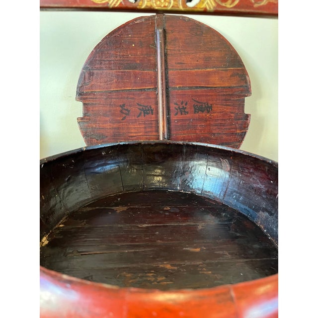 Antique Chinese Cinnabar Red Lacquer Wedding Buckets Gilt Carved - A Pair For Sale - Image 13 of 16