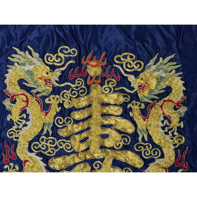 1970s Vintage Hand Embroidered Double Dragons Longevity Navy Blue Fabric Art For Sale - Image 5 of 8