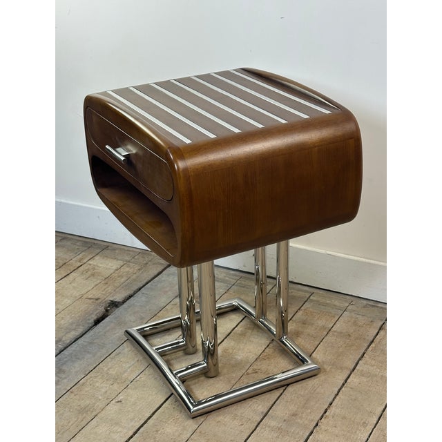 Wood Art Deco Boston End Table in Hevea Wood and Chrome Metal, 2000s For Sale - Image 7 of 11