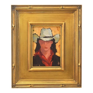 Impressionist Western Cowgirl Portrait Painting Including the Antiqued Gold Wood Frame For Sale