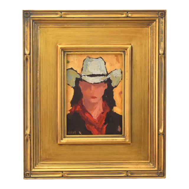 Impressionist Western Cowgirl Portrait Painting Including the Antiqued Gold Wood Frame For Sale